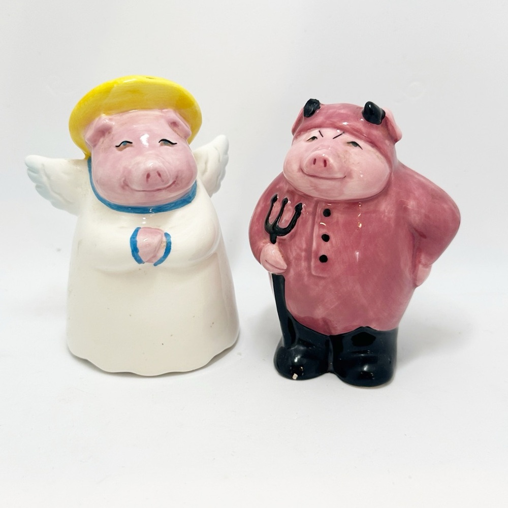 Vintage Pig Salt and Pepper Shakers – Adorably Naughty and Nice Devil Angel